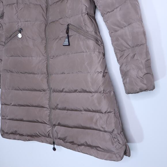 MONCLER Flamme Giubbotto Long Down Jacket Taupe Parka Stowable Hood Women's 3/L - Picture 4 of 16